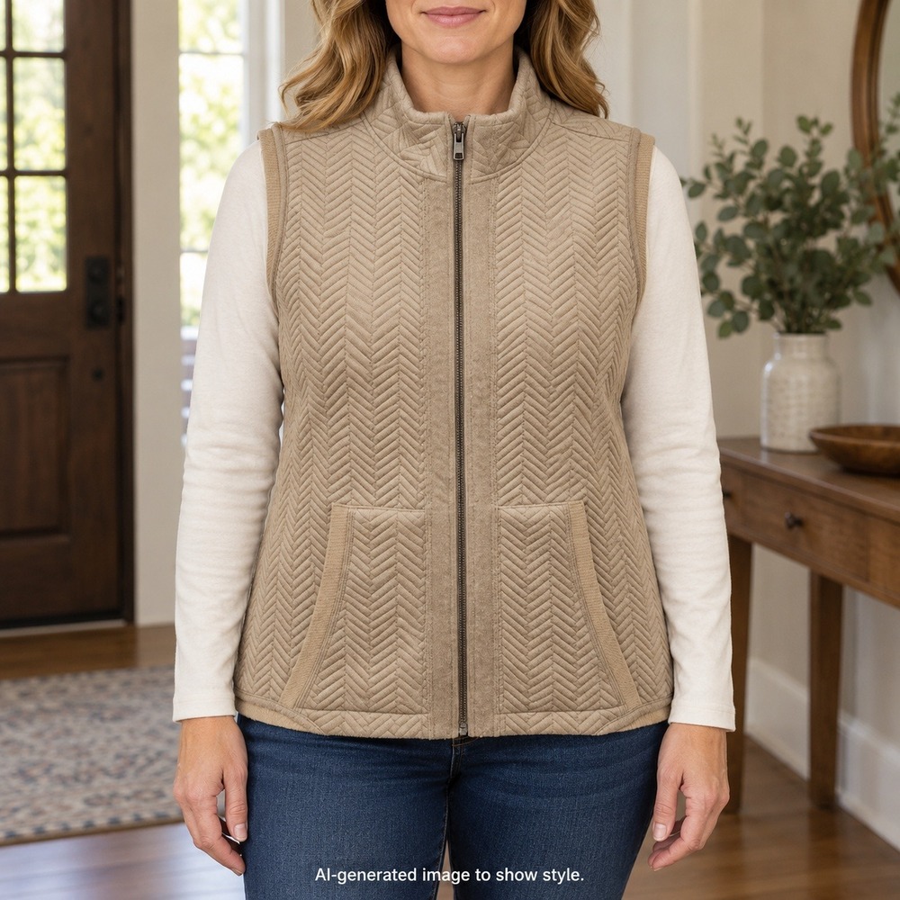 Baccini Women Vest Beige Khaki Tan Herringbone Weave Front Zipper Size Large